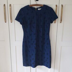 Calvin Klein Sheath Dress Womens 4 Blue Jacquard Short Sleeve Workwear